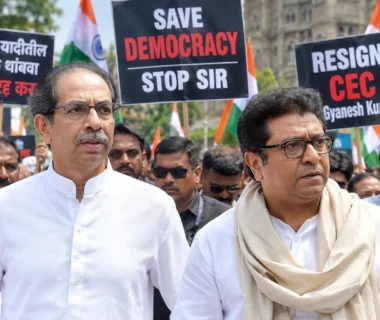 Uddhav Thackeray and Raj Thackeray lead a protest in Mumbai