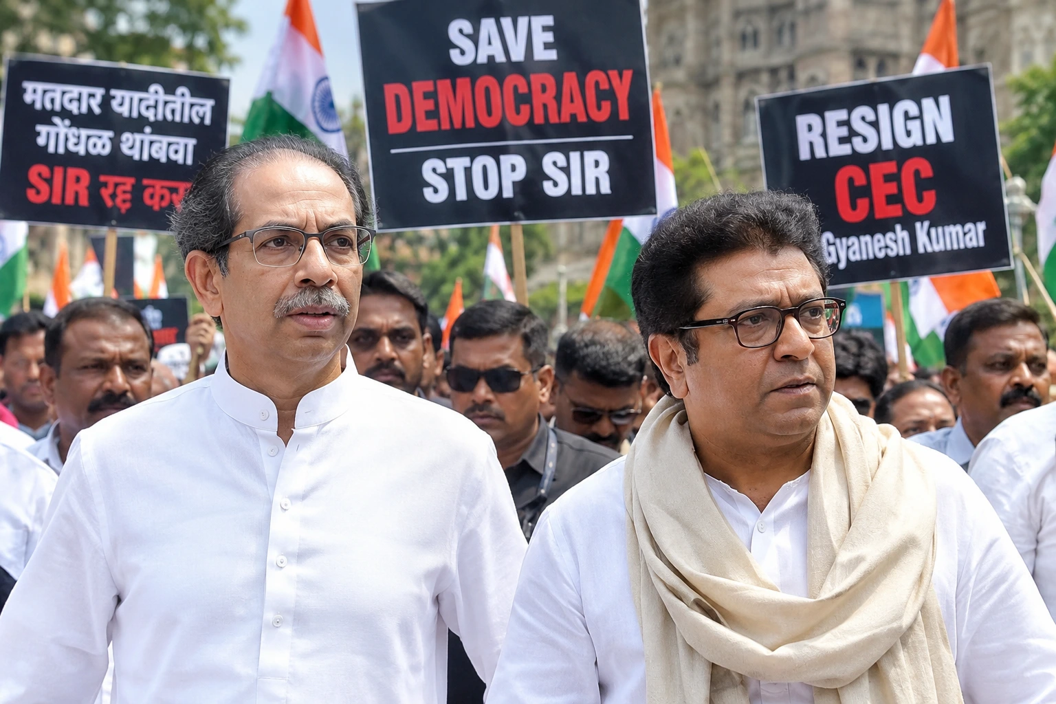 Uddhav Thackeray and Raj Thackeray lead a protest in Mumbai