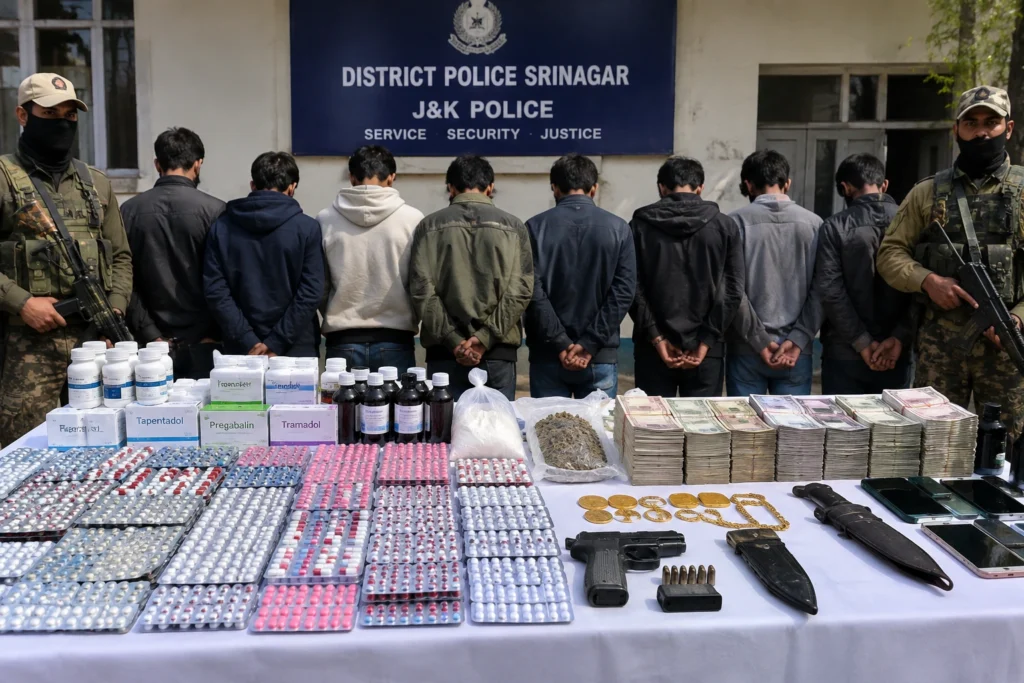 Srinagar drug network bust with seized pharmaceutical tablets and police investigation